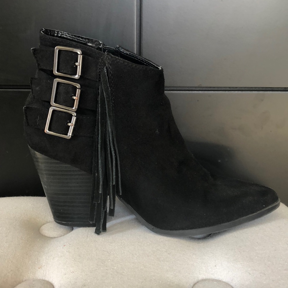Black fringe booties